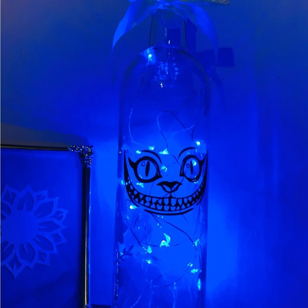 Hand Crafted- Cheshire Cat Smile wine bottle lantern